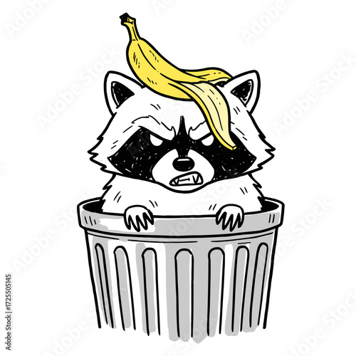 raccoon in a trash can with a banana peel on its head funny sketch