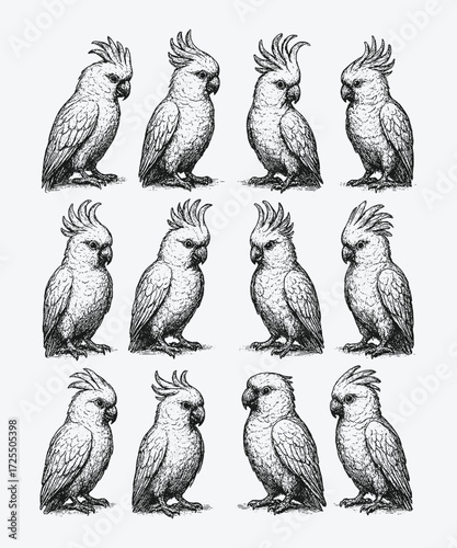 Set of cockatoos with expressive crests, perched on branches, symbolizing exotic charm and intelligence.