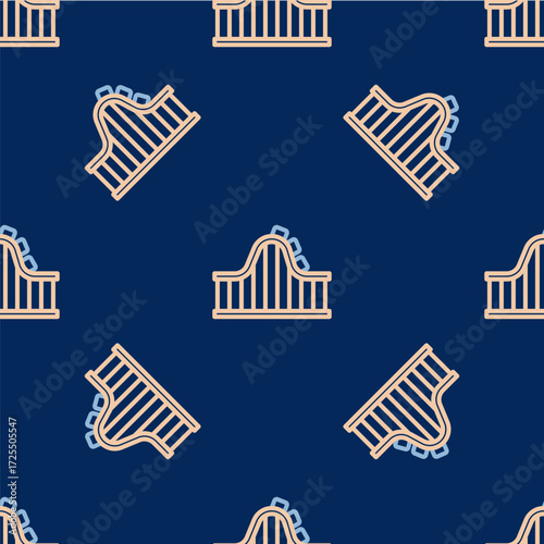 Line Roller coaster icon isolated seamless pattern on blue background. Amusement park. Childrens entertainment playground, recreation park. Vector