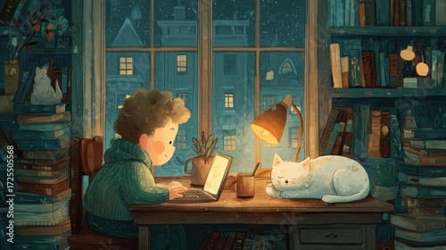 Cozy child working at desk by window at night
