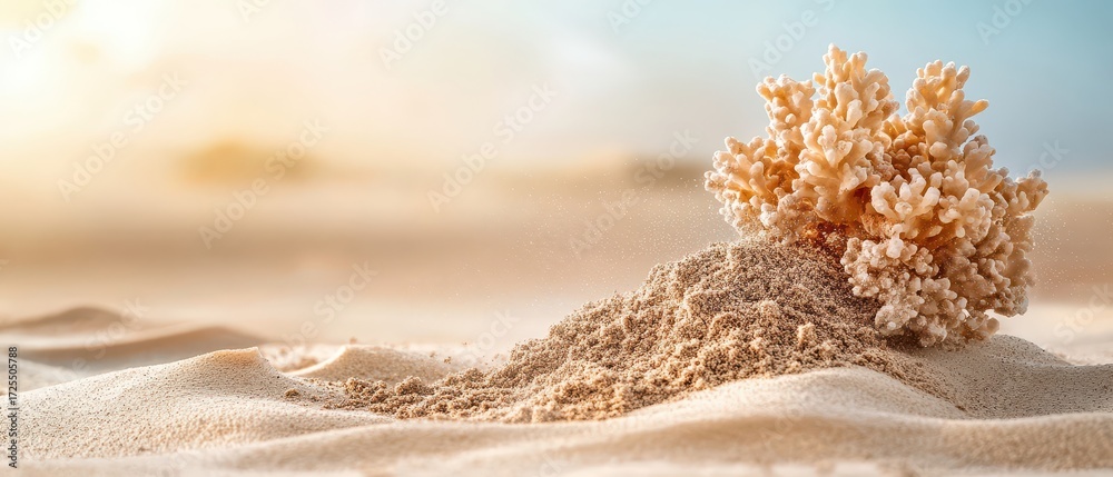 Naklejka premium Ocean coral rests on a sandy dune under warm sunlight and a hazy sky.