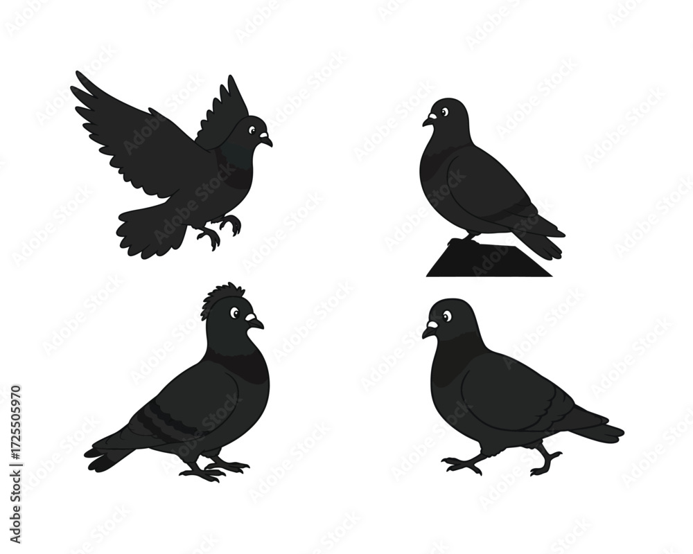 Obraz premium Four black silhouette pigeons in different poses showing wings flying standing perched on rock and walking