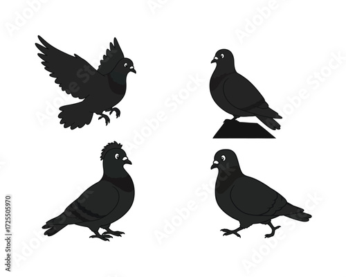Four black silhouette pigeons in different poses showing wings flying standing perched on rock and walking