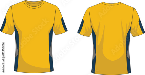 Athletic t-shirt, yellow sportswear, color block design, breathable fabric, short sleeve, front back view, fitness apparel, activewear, gym clothing