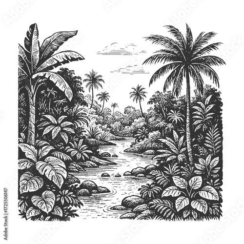 Tropical river flowing through dense jungle with palm trees and lush vegetation, serene and natural landscape.