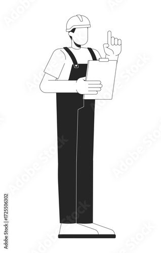 Faceless construction worker holding clipboard pointing up 2D line character. Project manager supervisor in uniform and hard hat isolated vector ink outline person. Monochromatic spot illustration