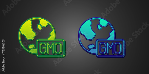 Green and blue GMO icon isolated on black background. Genetically modified organism acronym. Dna food modification. Vector