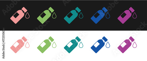 Set Bottle of water icon isolated on black and white background. Soda aqua drink sign. Vector