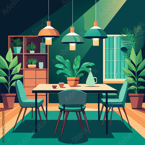 Stylish flat design dining room vector illustration with greenery and modern furniture