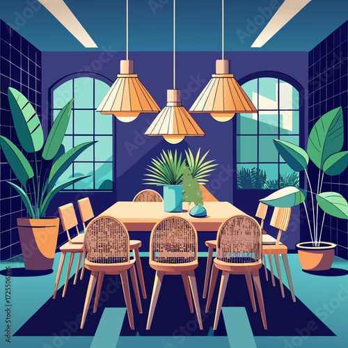 Modern elegance wooden dining room vector illustration with warm lighting and lush plants
