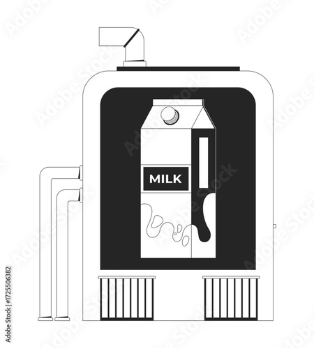 Industrial pipes vending machine with milk carton 2D line object. Dairy automation dispenser. Product pipelines production isolated clipart vector ink outline item. Monochrome spot illustration
