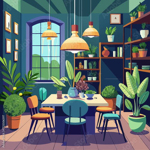 Modern vector cartoon dining room illustration with plants and natural light