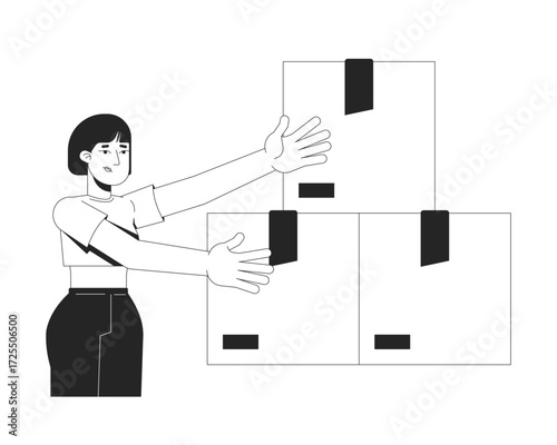 Frustrated asian woman reaching toward stack of cardboard boxes 2D line character. Sad female with open arms presenting, promoting isolated vector ink outline person. Monochromatic spot illustration