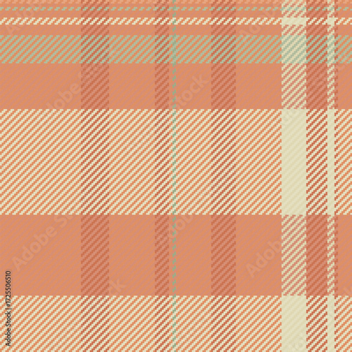 Warm, cozy plaid pattern in peach and cream hues. Perfect for backgrounds, textiles, fashion, and design projects needing a classic, comforting touch. Versatile.
