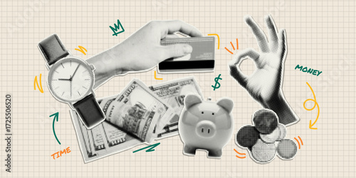 Trendy paper cutout collage elements with hand drawn elements. Halftone money stickers. Modern collage template on a crumpled notebook sheet. 