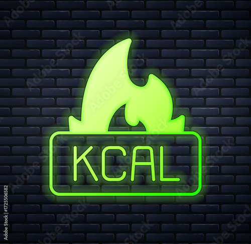 Glowing neon Kcal icon isolated on isolated on brick wall background. Health food. Vector