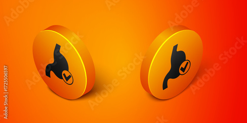 Isometric Human stomach health icon isolated on orange background. Orange circle button. Vector