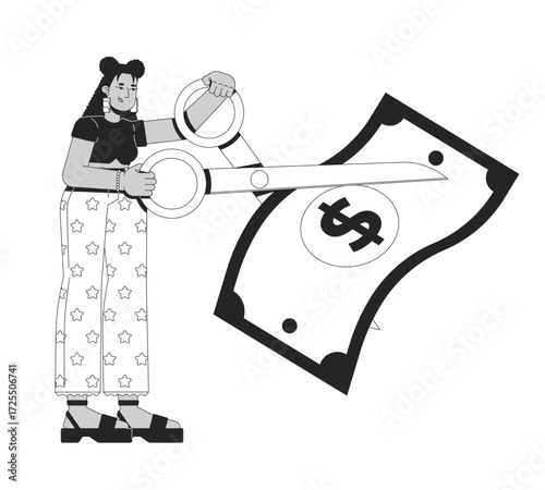 Tax cut line illustration concept. Personal income taxation. Money trim. Latino woman taxpayer cutting dollar bill with giant scissors outline 2D character isolated. Ink linear metaphor vector art