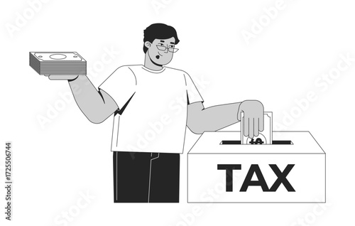Paying taxes line illustration concept. Financial task. Responsible taxpayer placing money. Arab man depositing cash into taxation payment box outline 2D character isolated. Ink linear metaphor vector