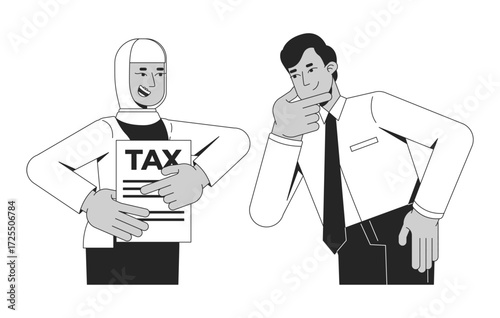 Tax accountant and business consultant outline illustration. Taxation advisor talk. Diverse people discussing tax document 2D line characters isolated on white. Monochrome vector ink linear image