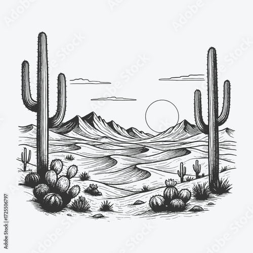 Desert landscape with cactus and mountains, arid scenery evoking dry wilderness.