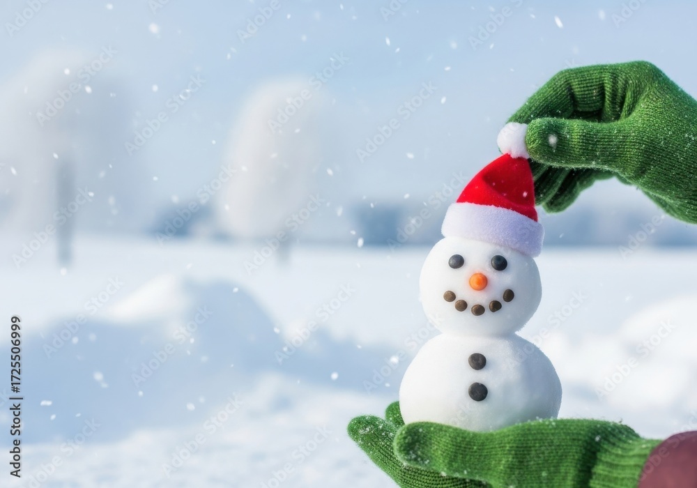 Obraz premium Festive snowman with Santa hat in snowy landscape