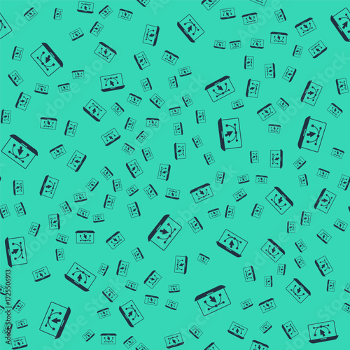 Black Computer display with vector design program icon isolated on isolated seamless pattern on green background. Photo editor software with user interface. Vector