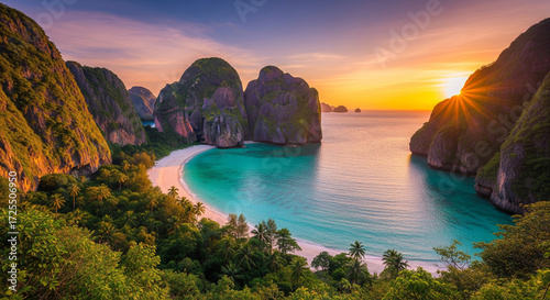 Beautiful sunset over Maya Bay with turquoise water and limestone cliffs, Phi Phi Islands, Thailand