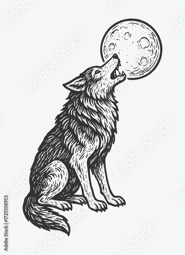 Lone wolf howling at the moon, symbolic illustration of wilderness, freedom, and mystery.