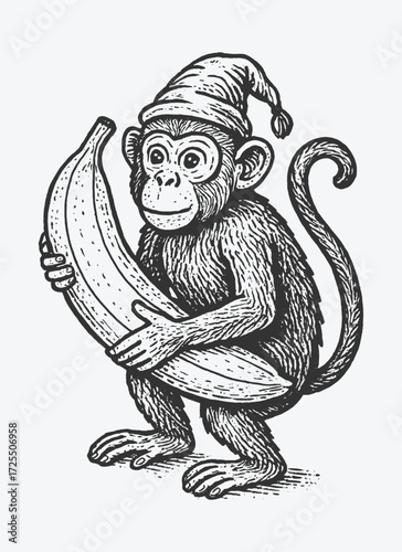 Playful monkey wearing a hat holding banana, whimsical vintage illustration full of charm.