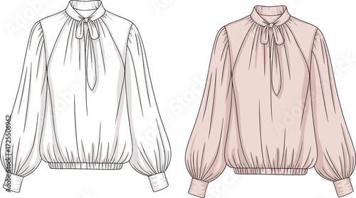 Elegant blouse illustration, long sleeve, bow tie neckline, gathered cuffs, fashion sketch, formal wear, feminine style, vector drawing