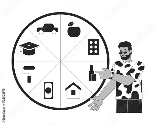 Personal budgeting line illustration concept. House, food, car, education management. Black man pointing at pie chart of daily expenses outline 2D character isolated. Ink linear metaphor vector art