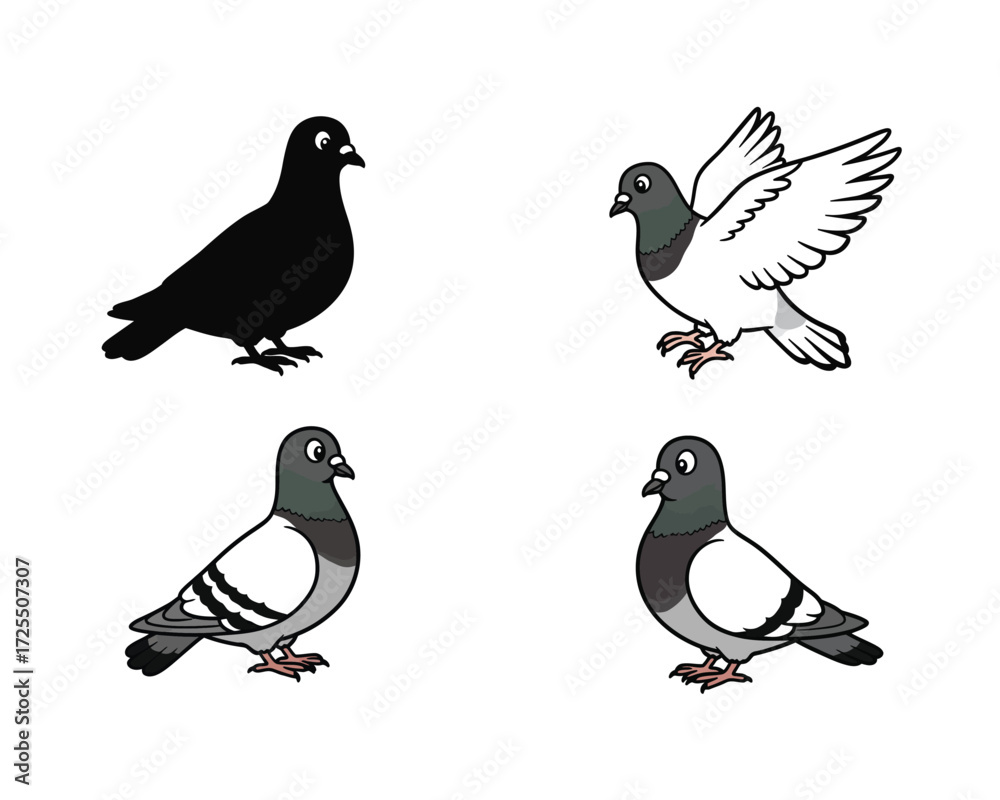 Fototapeta premium Four stylized illustrations of pigeons in different poses and colors including a solid black pigeon and three grey and white pigeons