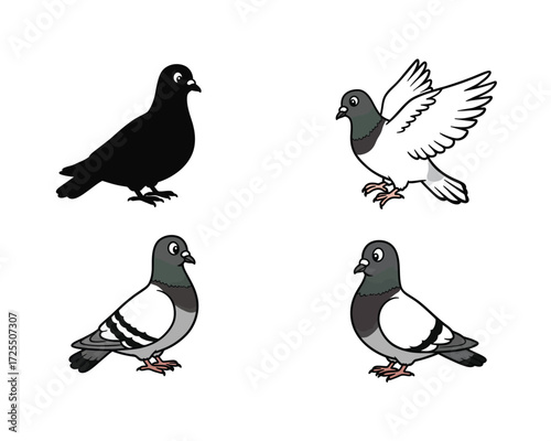 Four stylized illustrations of pigeons in different poses and colors including a solid black pigeon and three grey and white pigeons