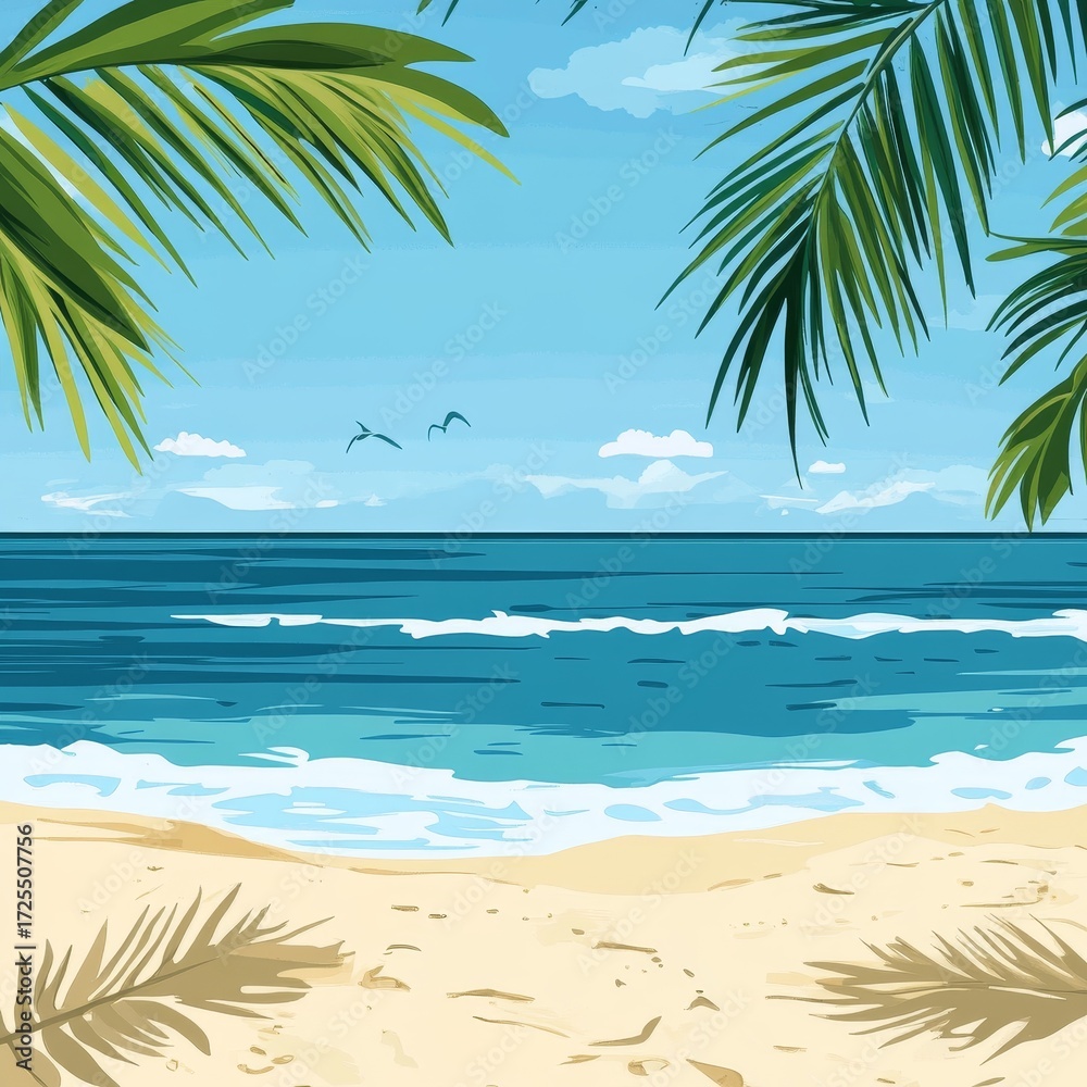 Obraz premium Sunny beach scene with sand, palm leaves, and blue sea. Perfect for summer vacation vibes! 