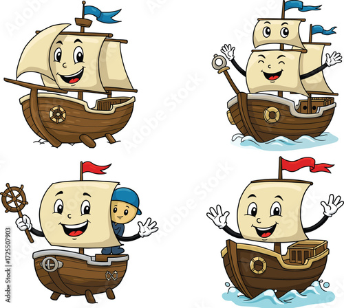 Cute cartoon pirate ship collection with happy faces, funny sails, adorable sailor characters, nautical illustration, vector design, children artwork