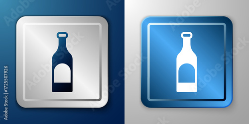 White Bottle of wine icon isolated on blue and grey background. Silver and blue square button. Vector