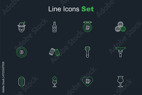 Set line Glass of beer, Heart with glass, Hotdog sandwich, Sausage on the fork, Bottle opener, Beer can and cap icon. Vector