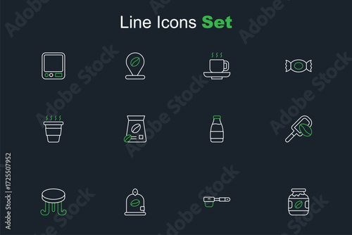 Set line Coffee jar bottle, filter holder, Bag coffee beans, table, Spatula with grain, Milk, and cup to go icon. Vector