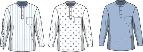 Men's henley shirts, long sleeve, casual fashion, blue tones, chest pocket, button placket, textile pattern, stylish design, apparel