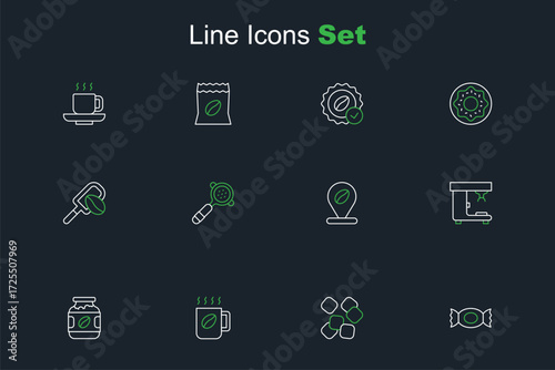 Set line Candy, Sugar cubes, Coffee cup, jar bottle, machine, Location with coffee bean, filter holder and Spatula grain icon. Vector