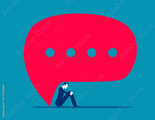 Sad. Businessman sitting under speech bubbles.