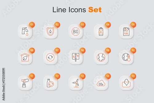 Set line Iceberg, CO2 emissions in cloud, Wind turbine, Recycling plastic bottle, Earth melting to global warming, globe and Recycle symbol icon. Vector