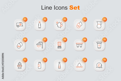 Set line Water drop with speech bubbles, Bottle of water, Fire hydrant, filter cartridge, and cooler icon. Vector