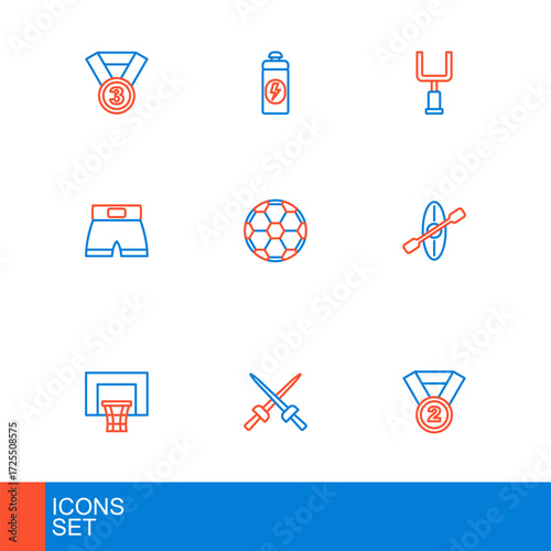 Set line Medal, Fencing, Basketball backboard, Kayak and paddle, Boxing short, Soccer football, American goal post and Fitness shaker icon. Vector