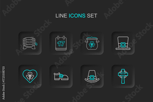 Set line Celtic cross, Leprechaun hat, boot, Heart with clover trefoil leaf, Pot of gold coins, Saint Patricks day calendar and Wooden barrel on rack icon. Vector