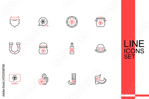 Set line Leprechaun boot, Glass of beer, Clover trefoil leaf, hat, Beer bottle with clover, Pot gold coins and Horseshoe icon. Vector