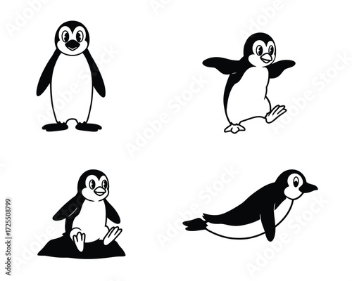 Collection of four adorable cartoon penguins in different poses and actions on a white background