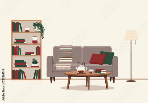 Elegant living room interior with a cozy sofa, bookshelf, and tea set for relaxation