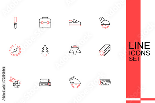 Set line Wooden log, Electric circular saw, Hand and, beam, Tree stump, and Circular blade icon. Vector